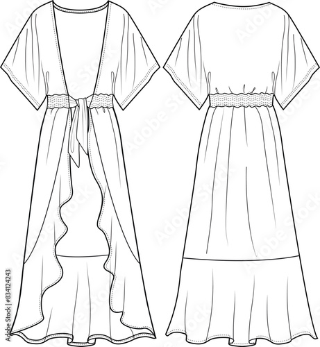 Women's Ruffle Hem Kimono. Technical fashion illustration. Front and back, white color. Women's CAD mock-up.