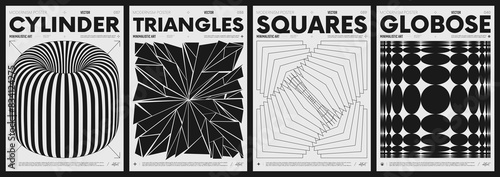 Modern abstract poster collection, vector minimalist posters with geometric shapes in black and white, brutalist style inspired graphics, bold aesthetic, shape distortion effect set 10