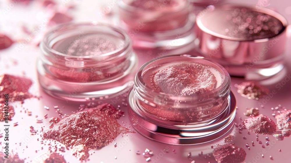 A close up of three small containers of pink powder A close up of three small containers of pink powder