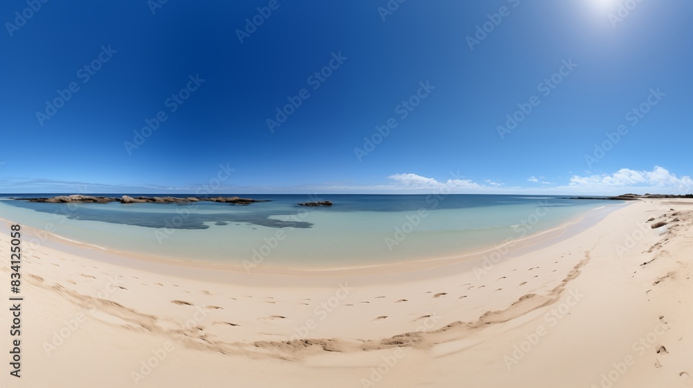 Panoramic View of a Tranquil Beach with Clear Blue Skies and Calm Waters Panoramic View of a Tranquil Beach with Clear Blue Skies and Calm Waters