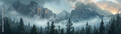 vast mountain ranges with layered peaks and misty valleys. photo