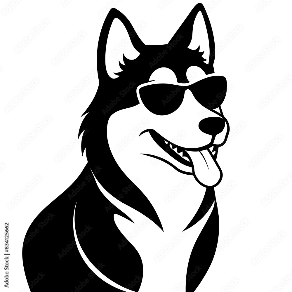 an image of a Siberian Husky with black and white fur, wearing blue sunglasses, positioned in profile against a white background. The Husky has its tongue out, suggesting a relaxed or happy demeanor