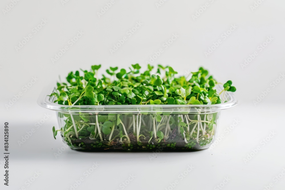 Microgreen in a transparent container. White background Microgreen in a transparent container. White background