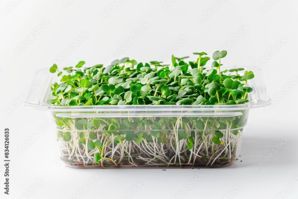 Microgreen in a transparent container. White background Microgreen in a transparent container. White background