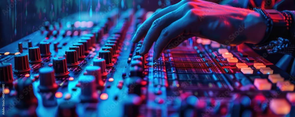 Fototapeta premium A close-up view of a colorful professional audio mixing console in a vibrant studio.