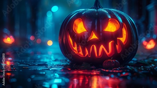 Wallpaper Mural Neon-lit halloween pumpkin on a black background Torontodigital.ca