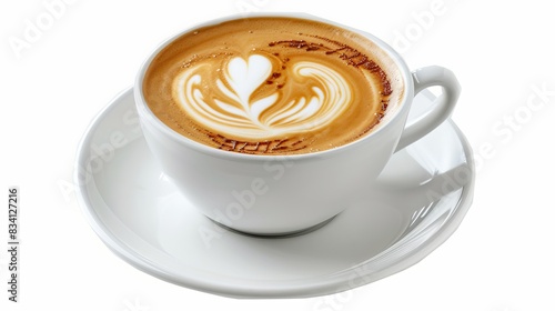 A hot latte with beautiful latte art is in a white cup and saucer on a white background.
