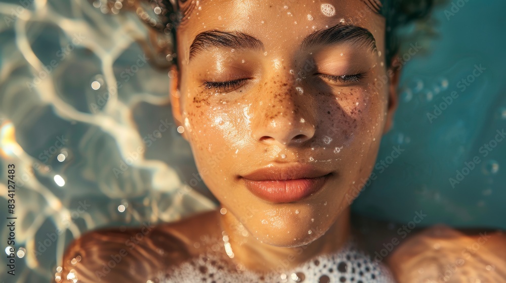 A woman is floating in a pool with her face in the water A woman is floating in a pool with her face in the water