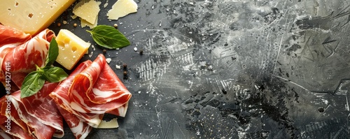 sliced prosciutto and shards of Parmesan cheese on a dark  textured surface.