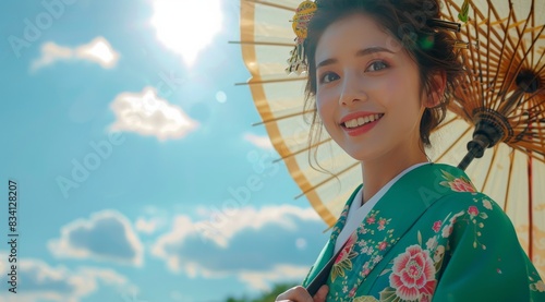 Woman Wearing Traditional Japanese Kimono With Umbrella Under Blue Sky