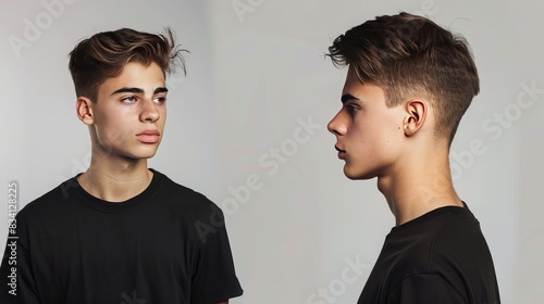 A young man in a casual black shirt. Side and front views show how a t-shirt print design would look.