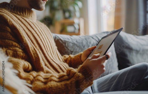Person Shopping Online For A Denim Jacket On A Tablet