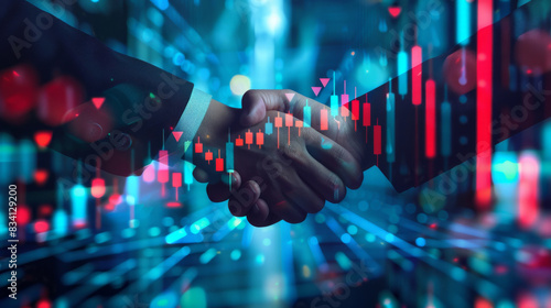 Firm handshake in close-up juxtaposed with dynamic stock market graph