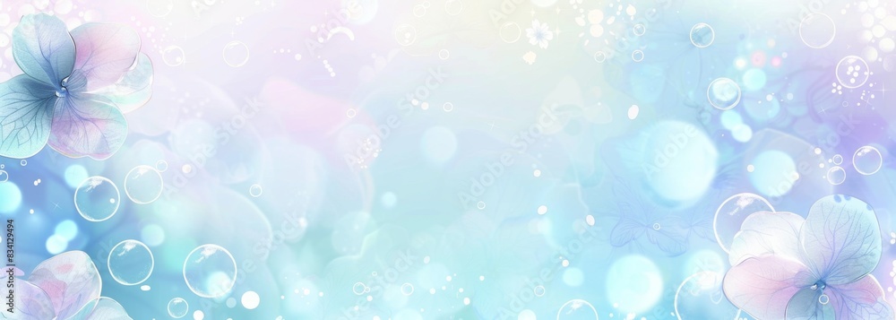 A background of light blue and purple with bubbles, hydrangeas, and circles of white watercolor on the bottom edge of the design Generative AI A background of light blue and purple with bubbles, hydrangeas, and circles of white watercolor on the bottom edge of the design Generative AI