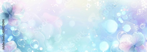 A background of light blue and purple with bubbles, hydrangeas, and circles of white watercolor on the bottom edge of the design Generative AI