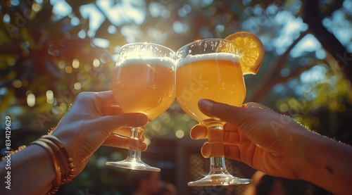 Friends Toasting Beer Glasses During Outdoor Gathering at Sunset