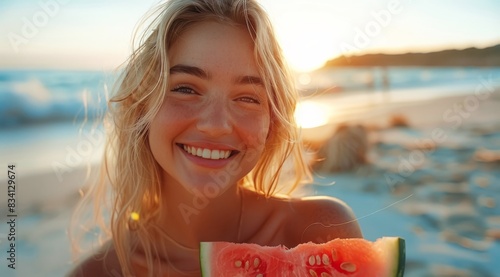 Woman Smiles Holding Slice of Watermelon