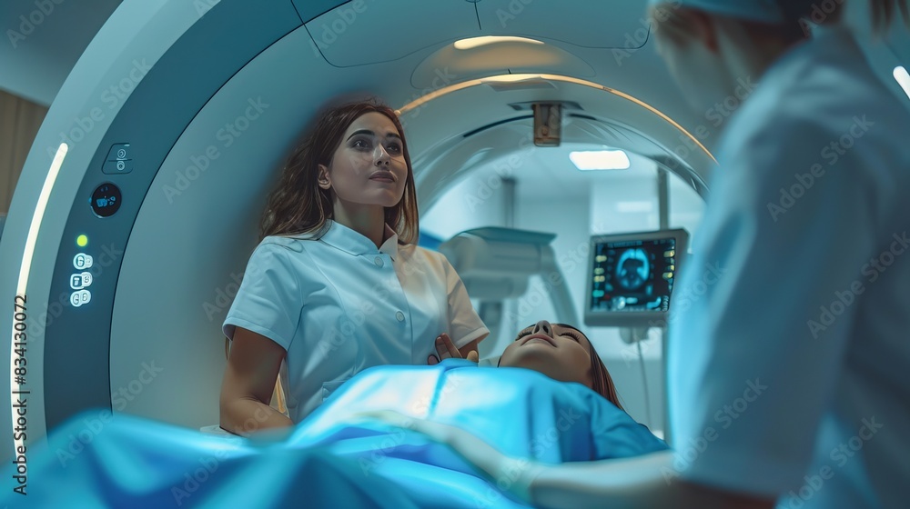 A doctor prepares a female patient for an MRI scan. The patient lies on