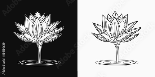 Blooming Lotus flower on stem rising from the water. Side view. Vintage illustration on black, white background.
