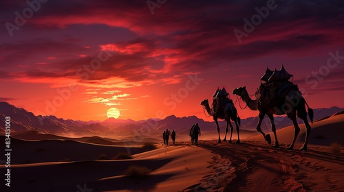 A dramatic desert sunset  with the sky ablaze in hues of orange and pink  as a caravan of camels traverses the vast dunes.  