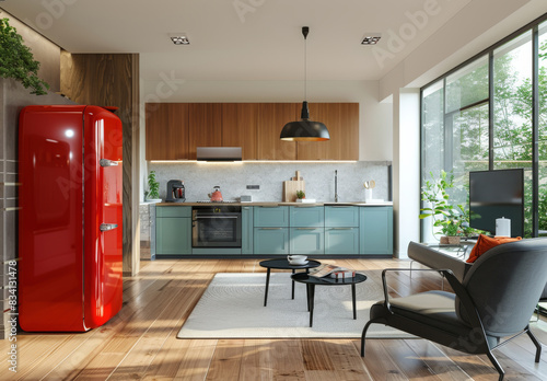 A Living Room Filled With Furniture and a Red Refrigerator