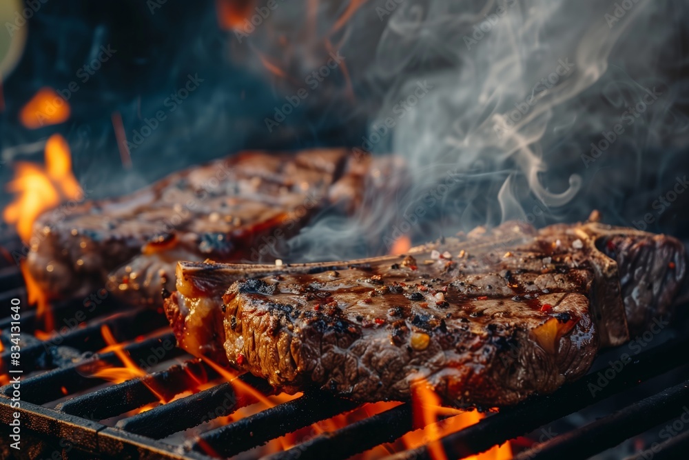 Close up of two T-bone steaks cooking on a hot grill Close up of two T-bone steaks cooking on a hot grill