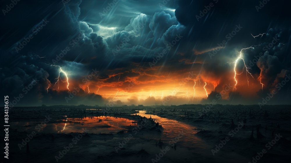 A dramatic thunderstorm over an open field, with lightning strikes, dark clouds, and rain 