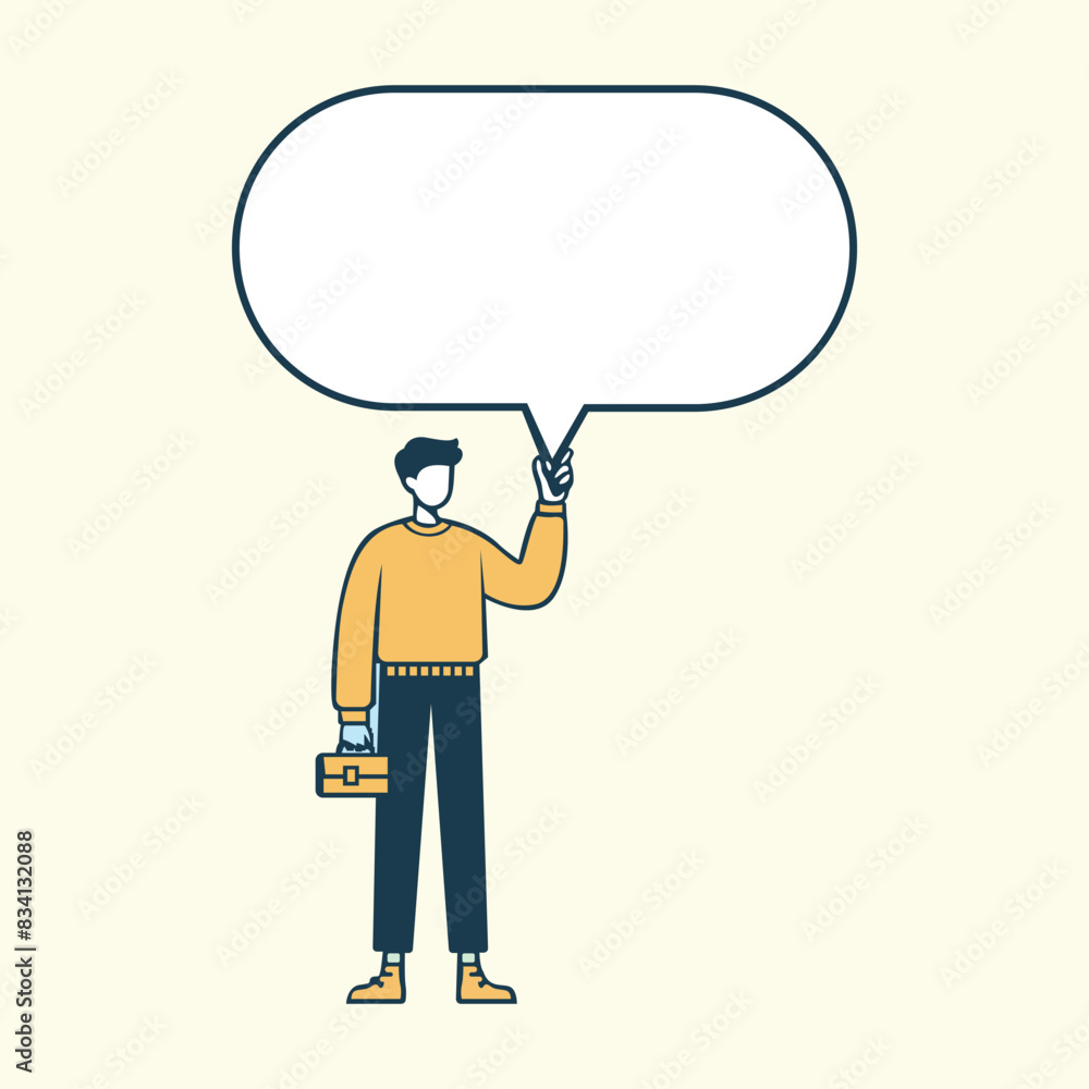 Cartoon Style Character Holding Blank Speech Bubble: Social Media, Chat, Message, Contact, Meeting Concept Cartoon Style Character Holding Blank Speech Bubble: Social Media, Chat, Message, Contact, Meeting Concept