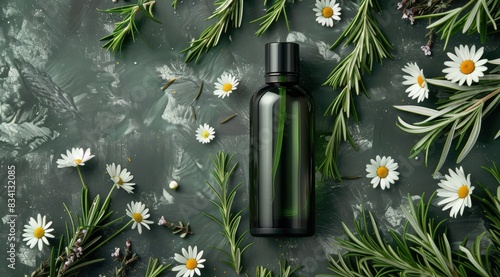 Bottle of Water Surrounded by Flowers and Herbs