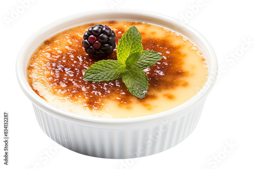 The image shows a delicious creme brulee with a crispy caramelized sugar topping. A blackberry and a sprig of mint garnish the dessert.