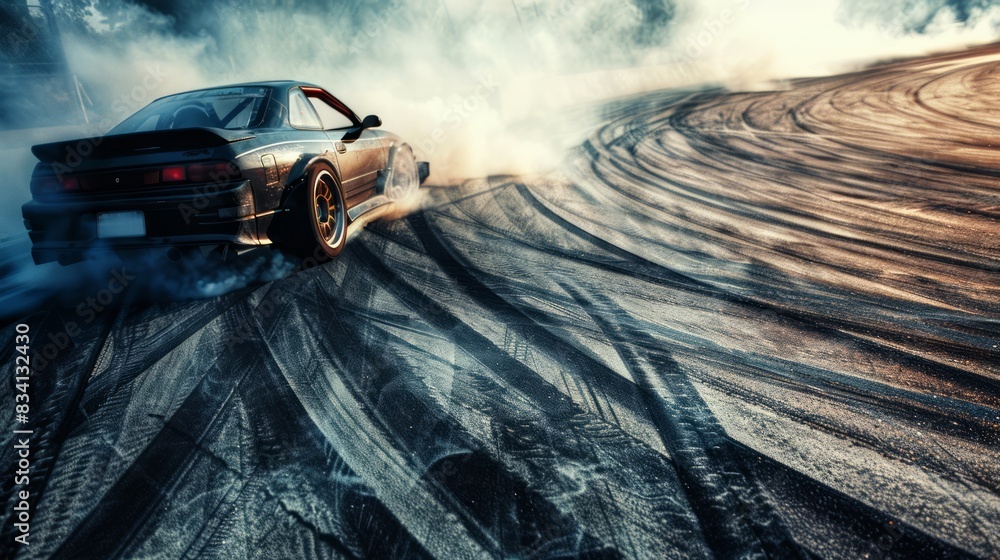 Obraz premium Race car drifting on speed track, Professional driver drifting car on race track with smoke, AI.