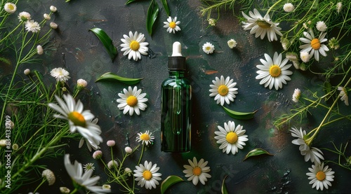 Bottle of Water Surrounded by Flowers and Herbs