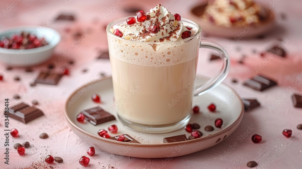 On a pink background, there is a delicious latte on a plate with chocolate pieces surrounding it On a pink background, there is a delicious latte on a plate with chocolate pieces surrounding it