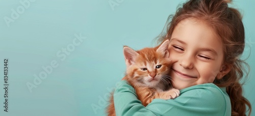 Smiling Young Girl Holding a Ginger Kitten Against a Light Blue Background
