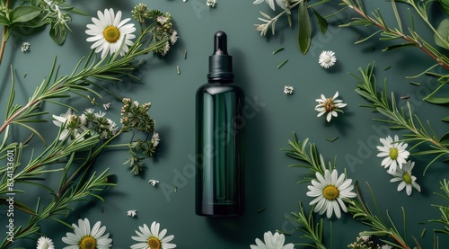 Bottle of Water Surrounded by Flowers and Herbs