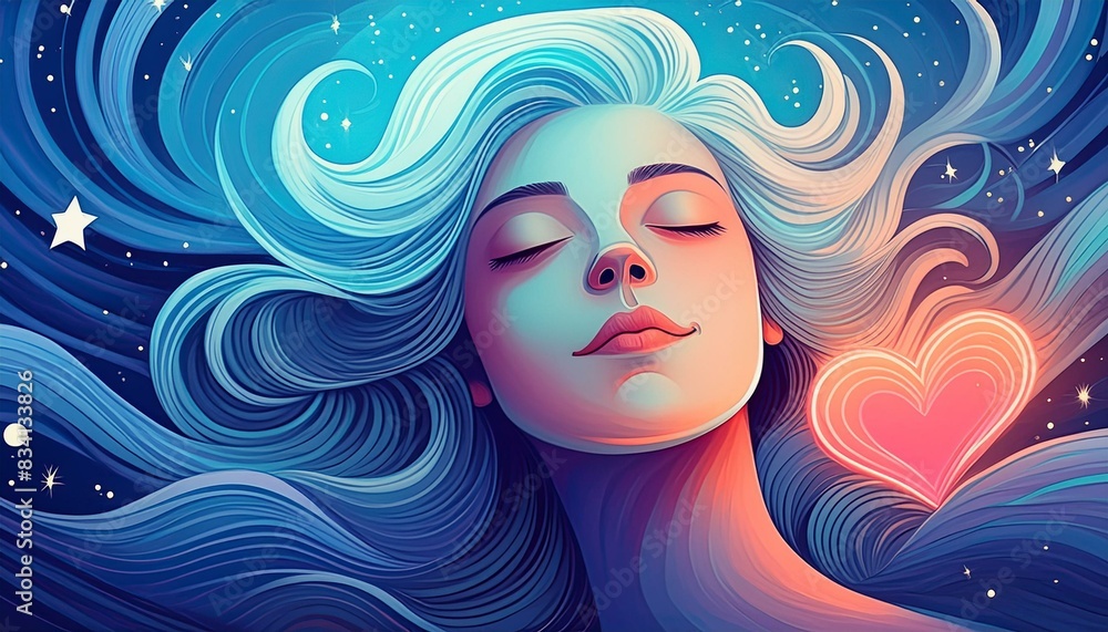 Illustration of woman sleeping and dreaming. Psychic girl considers mind and heart, spirituality, esotericism. Psychic waves concept Illustration of woman sleeping and dreaming. Psychic girl considers mind and heart, spirituality, esotericism. Psychic waves concept