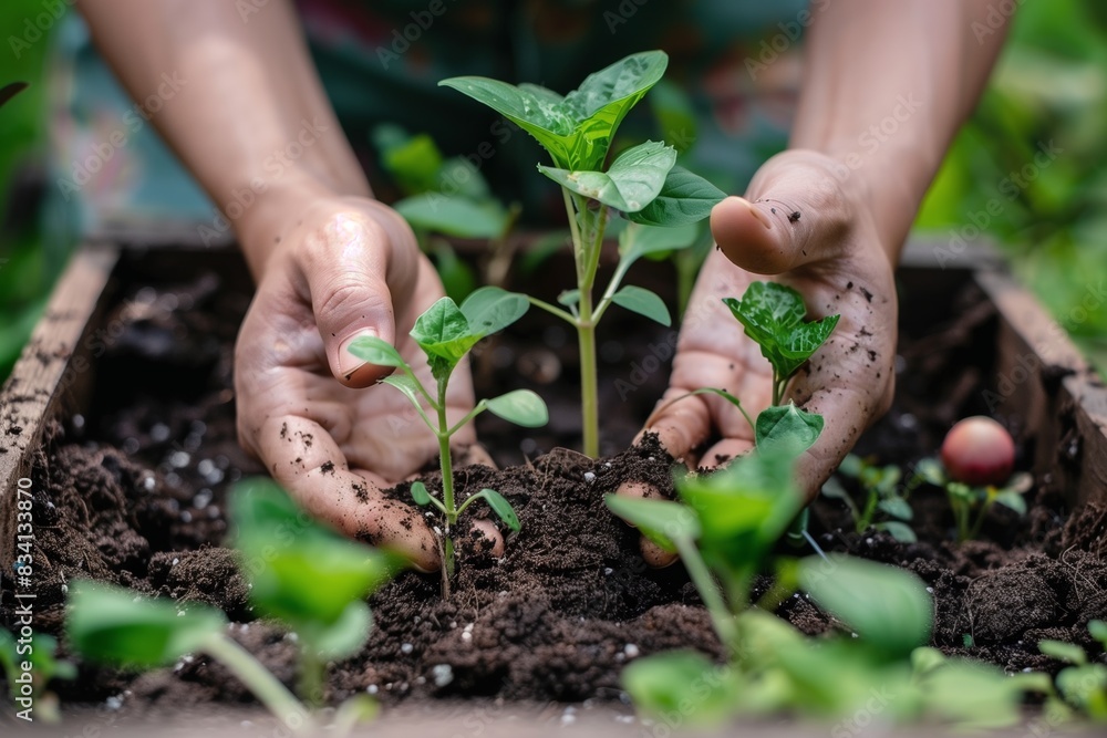 A persons hands carefully plant seedlings into rich, dark soil A persons hands carefully plant seedlings into rich, dark soil