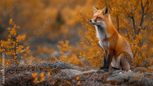 A red fox sits on the tundra surrounded by green trees, rocks covered with lichen and small bushes