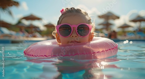 Little Girl With Sunglasses and Pink Floatie in Pool