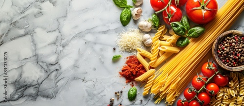 Assortment of pasta, tomatoes, and spices on marble surface