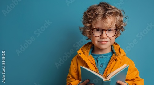 Young Boy in Glasses Reading a Book Against a Blue Background