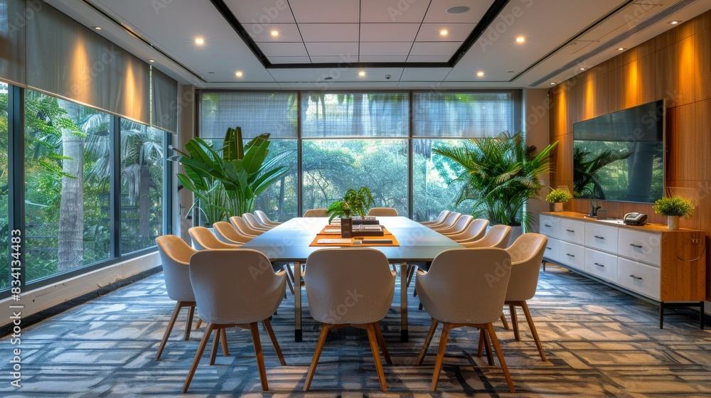 Fototapeta premium Modern Conference Room Overlooking Cityscape