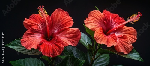 Two red hibiscus flowers in bloom