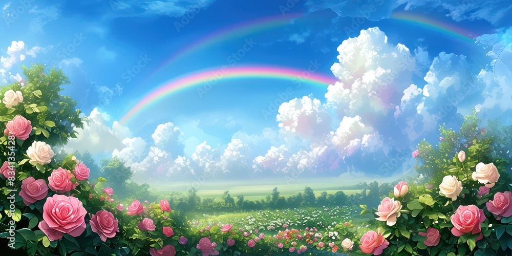 Naklejka premium Colorful landscape with rainbow roses and blue sky