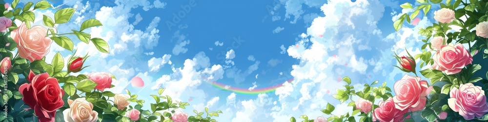 Colorful landscape with rainbow roses and blue sky Colorful landscape with rainbow roses and blue sky
