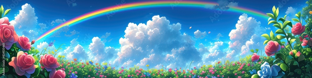 Colorful landscape with rainbow roses and blue sky Colorful landscape with rainbow roses and blue sky