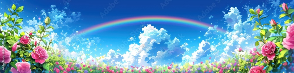 Colorful landscape with rainbow roses and blue sky Colorful landscape with rainbow roses and blue sky