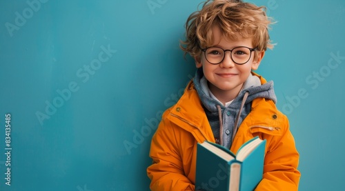 Young Boy Wearing Glasses Holds Open Book Against Blue Wall