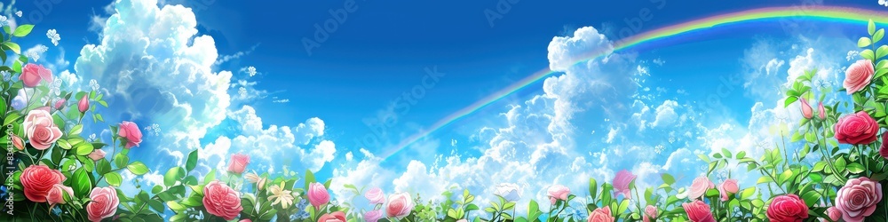Colorful landscape with rainbow roses and blue sky Colorful landscape with rainbow roses and blue sky