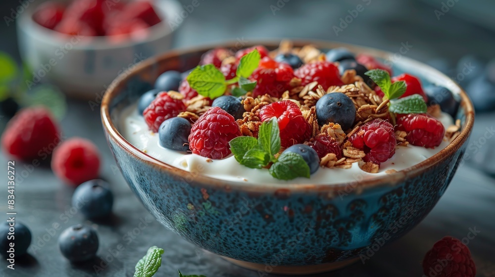 Vegan breakfast on table, yogurt granola and berries in a bowl Vegan breakfast on table, yogurt granola and berries in a bowl